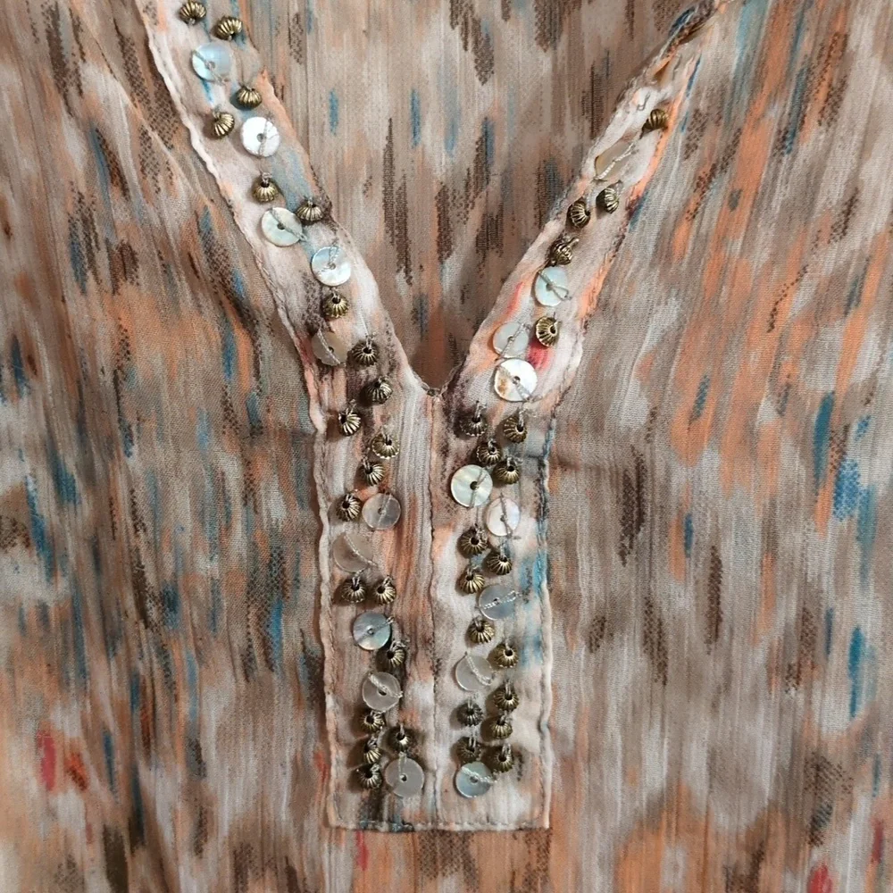 Chicos Tunic: Sheer, Abstract Print Embellished With Beads & Rhinestones, V-Neck - Picture 6 of 16